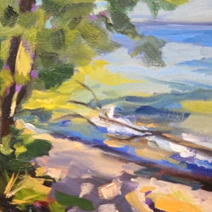 May include: A painting of a tree with green leaves and a yellow trunk, overlooking a blue body of water. The foreground is a rocky, purple and brown landscape.