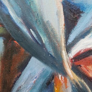 May include: Abstract painting with bold strokes of blue, white, orange, and red paint on a textured canvas.