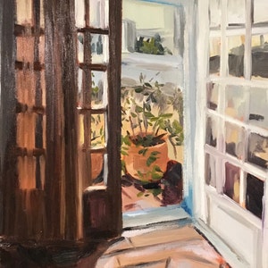 May include: A painting of a doorway with a view of a potted plant and a tiled floor. The doorway is open and the light from outside is shining in. The plant is in a terracotta pot and the tiles are a warm brown color.
