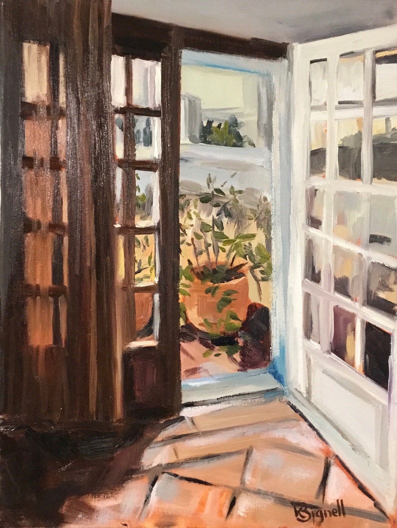 May include: A painting of a doorway with a view of a potted plant and a tiled floor. The doorway is open and the light from outside is shining in. The plant is in a terracotta pot and the tiles are a warm brown color.