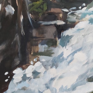 May include: An abstract painting depicting a waterfall. The artwork uses a palette of blues, whites, and browns to create a sense of movement and depth. The brushstrokes are visible, adding texture to the piece. The painting evokes a sense of nature and tranquility.