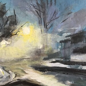 Foggy Winter Night Urban Landscape Painting, Mysterious Nocturne Acrylic Art image 3