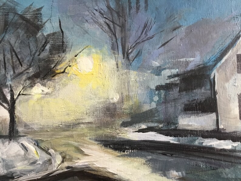 Foggy Winter Night Urban Landscape Painting, Mysterious Nocturne Acrylic Art image 3