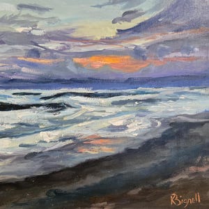 May include: Square oil painting of a seascape at sunset. The sky is filled with shades of blue, purple, and orange, with dark clouds. The ocean waves are white and foamy, and the beach is dark gray. Signed "Bignell" in the bottom right corner.