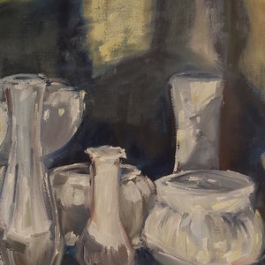 Original oil painting still life, white vases on square foot canvas, contemporary, unique piece bild 5