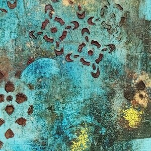 May include: Abstract painting with a blue background and brown and yellow accents. The painting features a pattern of brown shapes that resemble flowers or stars.