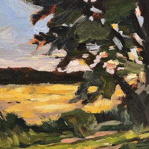 May include: An oil painting showing a landscape with a field of yellow and green grass. Dark green trees and foliage frame the top and right. The sky is a mix of light blue and white, with a hint of orange and brown in the distance.