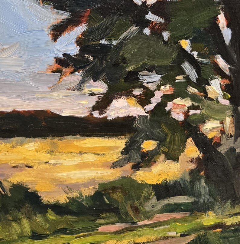 May include: An oil painting showing a landscape with a field of yellow and green grass. Dark green trees and foliage frame the top and right. The sky is a mix of light blue and white, with a hint of orange and brown in the distance.
