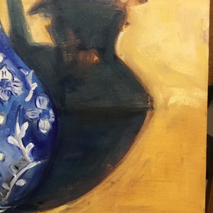 May include: A blue and white ceramic vase with floral designs sits on a yellow surface. The vase is partially obscured by a dark shadow. The artist's signature, "Bignell", is written in red in the lower right corner.