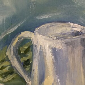May include: Oil painting of a white pitcher with a curved handle. The pitcher is painted with broad brushstrokes in shades of white and light blue. The background is a mix of blue and green, suggesting a natural setting.
