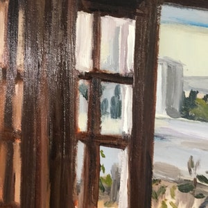May include: A painting of a window with a view of a cityscape and a body of water. The window is made of wood and has multiple panes. The cityscape is painted in shades of gray and white, and the water is painted in shades of blue and white.