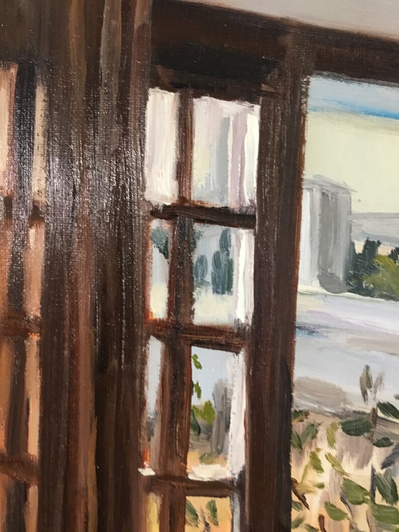 May include: A painting of a window with a view of a cityscape and a body of water. The window is made of wood and has multiple panes. The cityscape is painted in shades of gray and white, and the water is painted in shades of blue and white.
