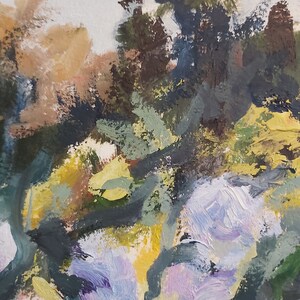 May include: Abstract painting with a mix of green, yellow, brown, and purple hues. The painting has a textured, brushstroke effect.