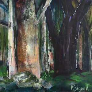 Small mixed media on cradled wood panel, Nature, forest, trees