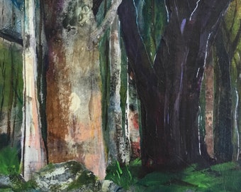 Small mixed media on cradled wood panel, Nature, forest, trees