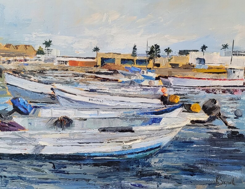 This is a painting of boats in the Essaouira port in Morocco.  Palette knife was used to recreate the feeling of layers of paint chipped away with time.