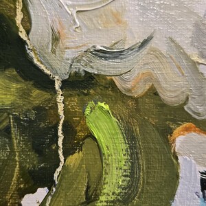 May include: Abstract oil painting with visible brushstrokes. The artwork features a palette of greens, whites, and blues, with textured layers and a dynamic composition. The painting's style is expressive, with a focus on color and form.