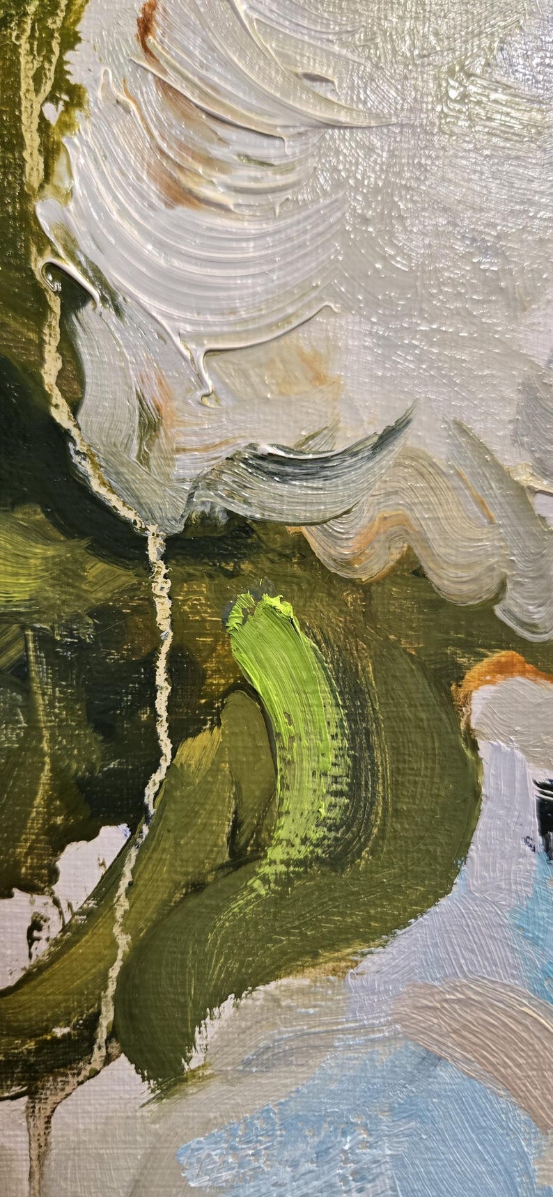 May include: Abstract oil painting with visible brushstrokes. The artwork features a palette of greens, whites, and blues, with textured layers and a dynamic composition. The painting's style is expressive, with a focus on color and form.