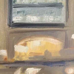 May include: A painting of a room with a window, a couch, and a table. The window is covered with a white curtain and the couch is covered with a brown blanket. The table is made of wood and has a lamp on it.