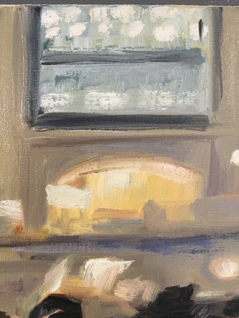 May include: A painting of a room with a window, a couch, and a table. The window is covered with a white curtain and the couch is covered with a brown blanket. The table is made of wood and has a lamp on it.