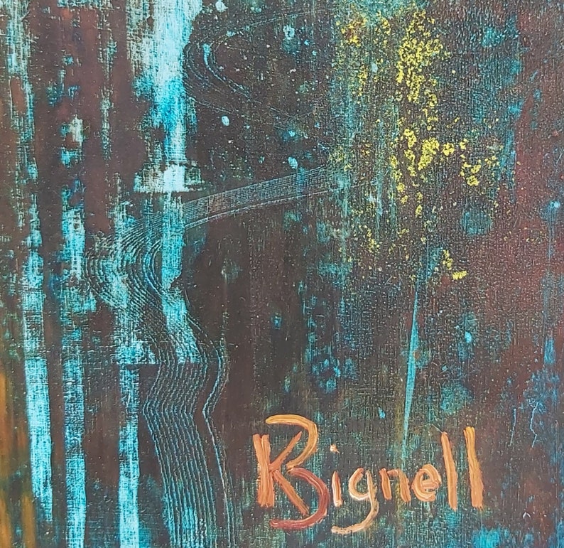 May include: Abstract painting with a blue, green, and brown color scheme. The painting has a textured surface and a signature in the bottom right corner that reads "Rignell".