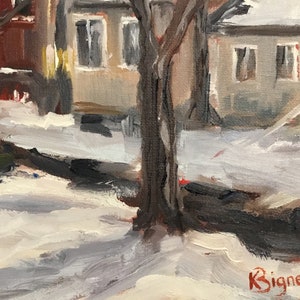 May include: A painting of a snowy street scene with two bare trees in the foreground and a house in the background. The house is painted in shades of gray and white, with two windows visible. The trees are painted in shades of brown and black, with their branches reaching up towards the sky. The snow is painted in shades of white and gray, with a few patches of brown showing through. The artist's signature, "K. Bignell", is visible in the lower right corner of the painting.