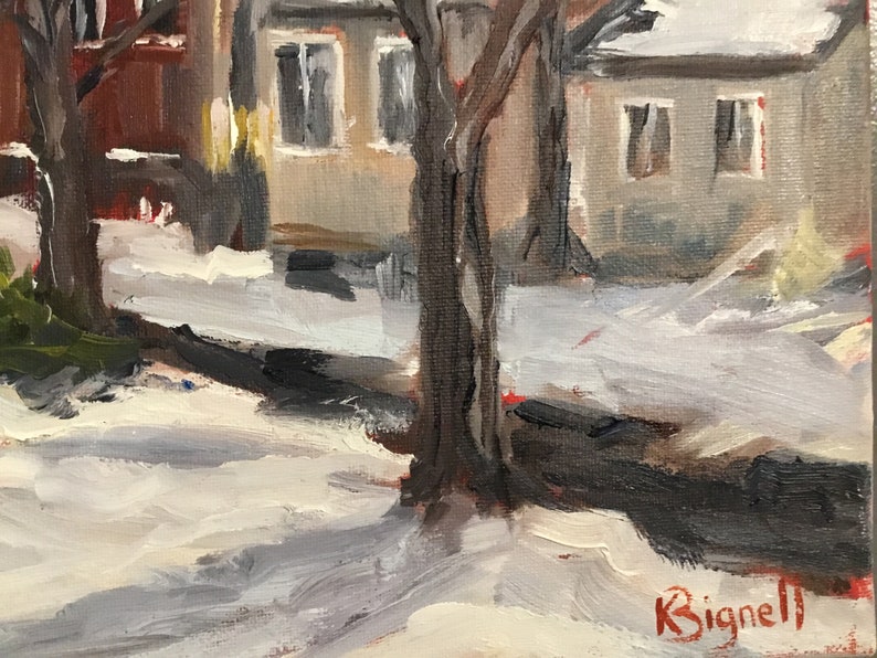 May include: A painting of a snowy street scene with two bare trees in the foreground and a house in the background. The house is painted in shades of gray and white, with two windows visible. The trees are painted in shades of brown and black, with their branches reaching up towards the sky. The snow is painted in shades of white and gray, with a few patches of brown showing through. The artist's signature, "K. Bignell", is visible in the lower right corner of the painting.