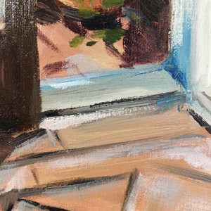 May include: A close-up of a painting depicting a window with a view of a person wearing a pink shirt and a green plant. The window frame is painted in shades of blue and brown. The floor is painted in shades of brown, white, and gray.
