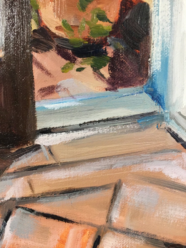 May include: A close-up of a painting depicting a window with a view of a person wearing a pink shirt and a green plant. The window frame is painted in shades of blue and brown. The floor is painted in shades of brown, white, and gray.