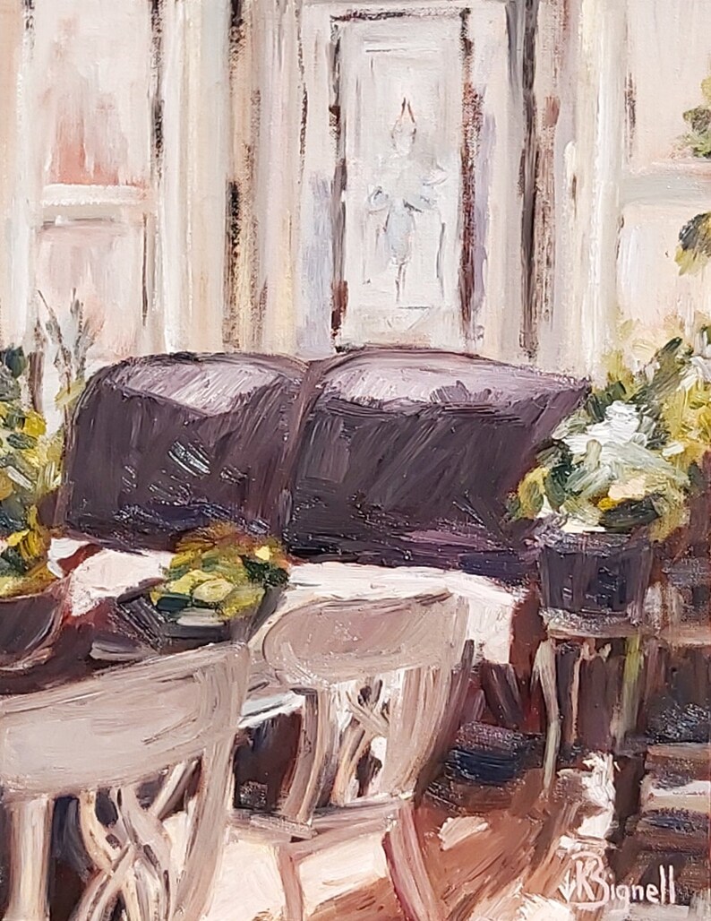 May include: A painting of a room with a table and chairs. The table is set with a white tablecloth and there are two chairs on either side. The room is painted in a light color and there is a window in the background. The painting is done in a loose, impressionistic style.