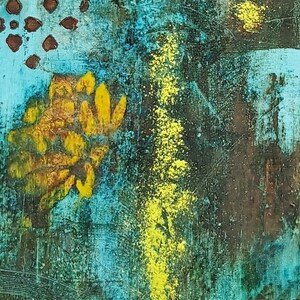 May include: Abstract painting with a yellow, green, and blue color scheme. The painting features a large, yellow flower-like shape in the left corner and a vertical yellow stripe in the center.