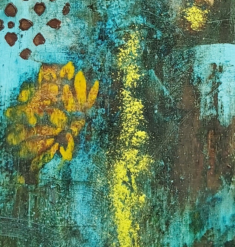 May include: Abstract painting with a yellow, green, and blue color scheme. The painting features a large, yellow flower-like shape in the left corner and a vertical yellow stripe in the center.