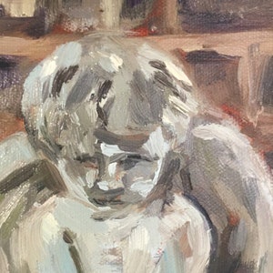 May include: A painting of a young person with a light gray and white color scheme. The person is depicted with a somber expression and is wearing a light blue shirt. The painting is done in a loose, expressive style.
