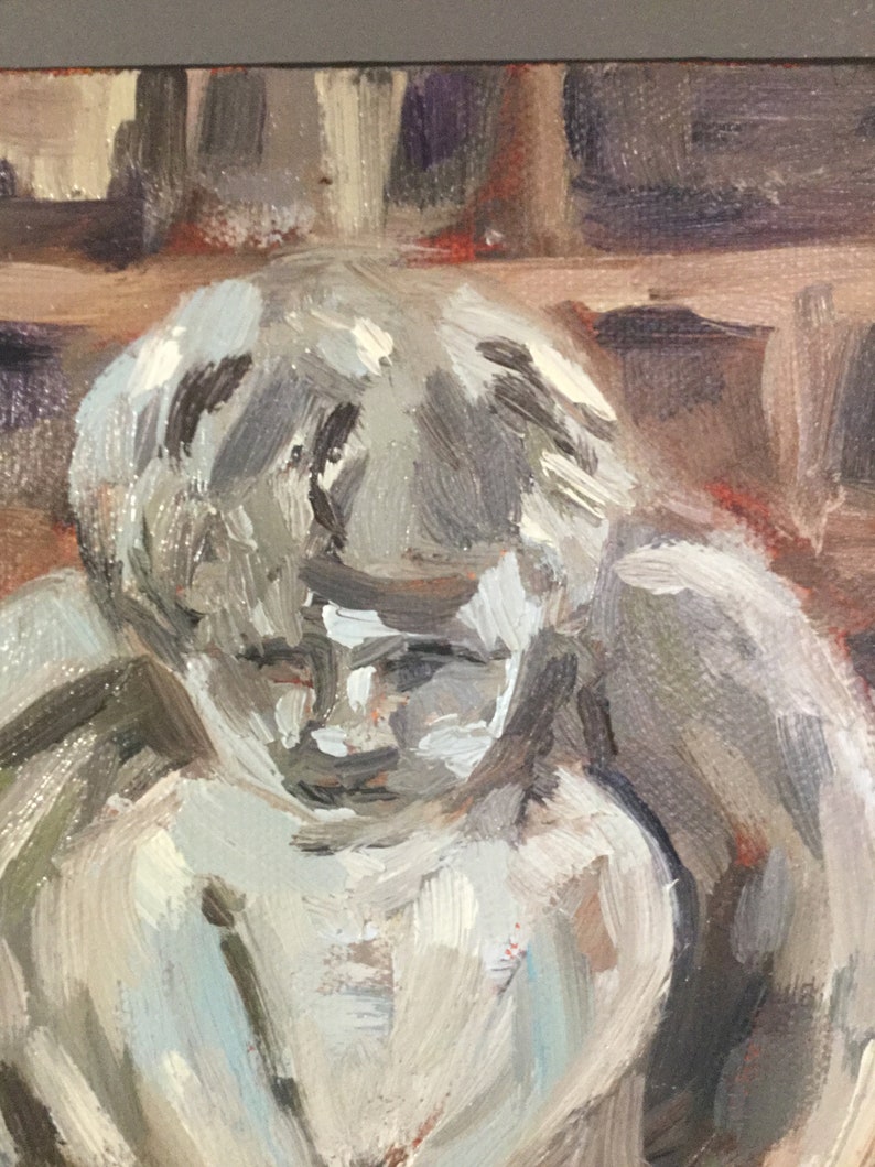 May include: A painting of a young person with a light gray and white color scheme. The person is depicted with a somber expression and is wearing a light blue shirt. The painting is done in a loose, expressive style.