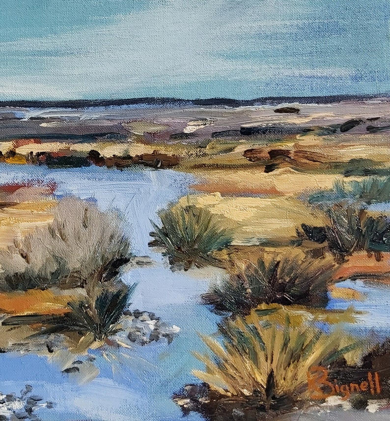 May include: A painting of a marsh landscape with a blue sky and a small stream of water flowing through the center. The stream is surrounded by green and brown grasses and reeds. The painting is done in a loose, impressionistic style.