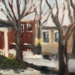 May include: A painting of two houses with bare trees in front of them. The houses are painted in shades of brown and beige, and the trees are painted in shades of gray and brown. The ground is covered in snow.