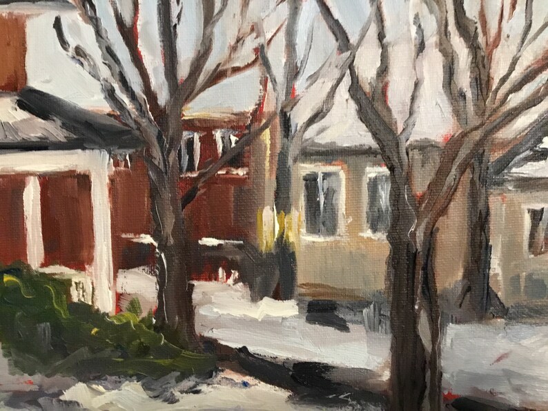 May include: A painting of two houses with bare trees in front of them. The houses are painted in shades of brown and beige, and the trees are painted in shades of gray and brown. The ground is covered in snow.
