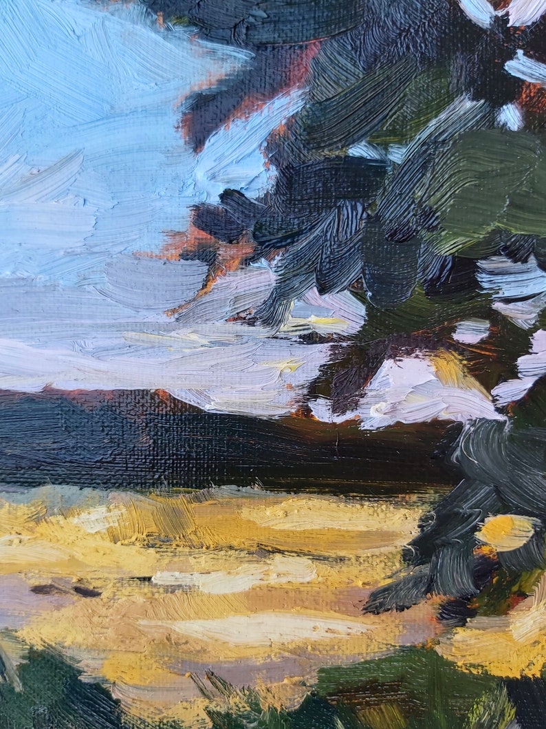 May include: An oil painting of a landscape with an impressionistic style. The artwork shows a sky with blue and white hues, a dark treeline, and a field of yellow and brown. Dark green brushstrokes represent foliage, creating a textured effect.