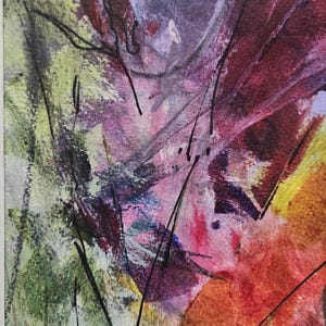 May include: An abstract painting featuring a vibrant mix of purple, orange, green, and red paint strokes. The composition includes thin, sharp black lines layered over the textured, colorful background, all enclosed within a simple white frame.