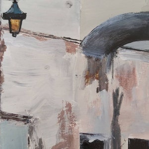 May include: A close-up of a painting depicting a white wall with a brown and gray archway. The wall has a light fixture with a black lampshade and a yellow light bulb. The archway is painted in a light gray color with a darker gray shadow.