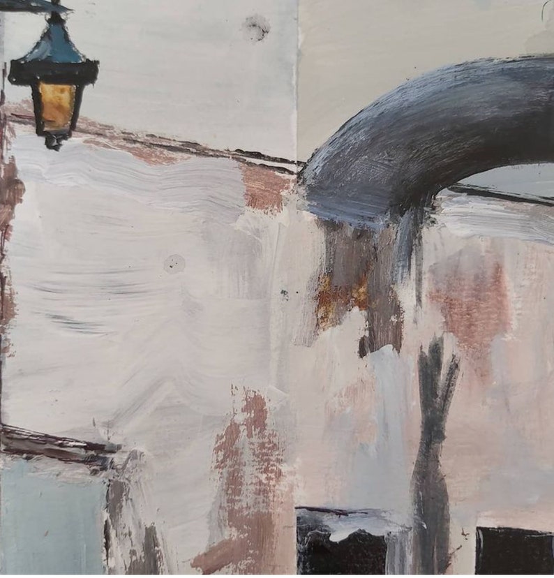May include: A close-up of a painting depicting a white wall with a brown and gray archway. The wall has a light fixture with a black lampshade and a yellow light bulb. The archway is painted in a light gray color with a darker gray shadow.