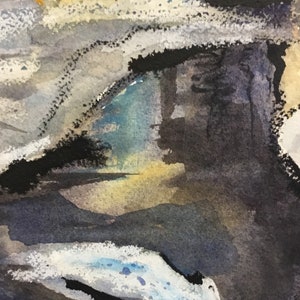 May include: Abstract watercolor painting with shades of blue, gray, and white. The painting features a series of overlapping shapes and lines, creating a sense of depth and movement.