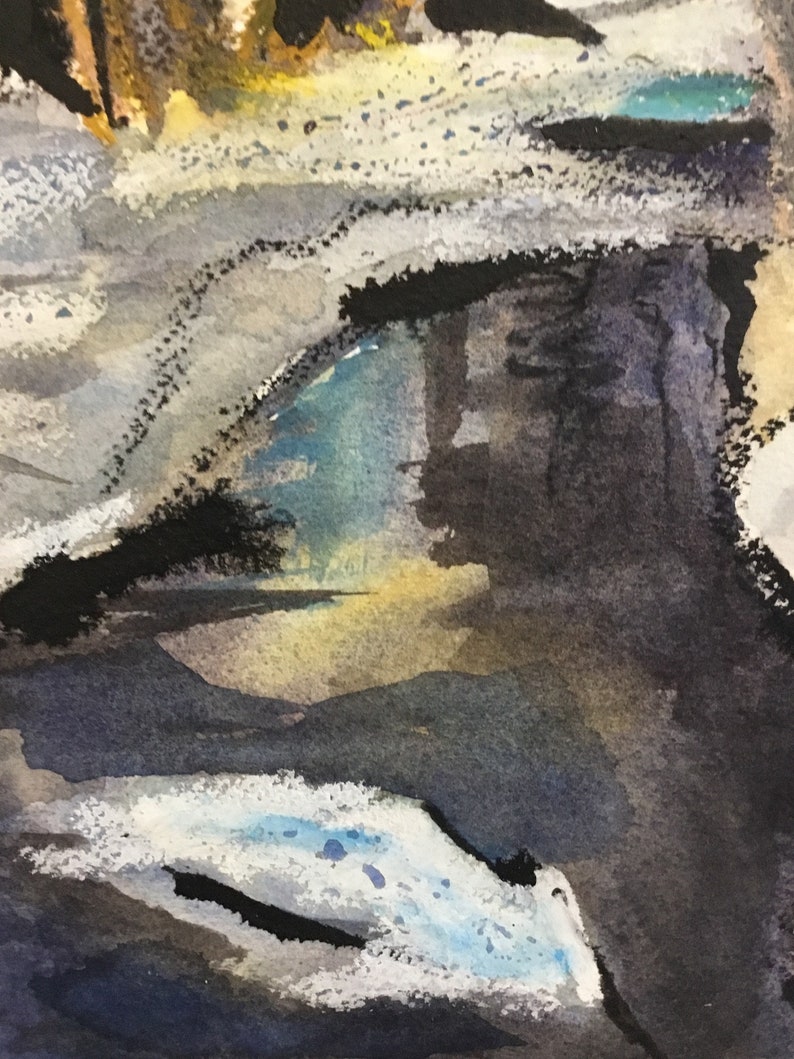 May include: Abstract watercolor painting with shades of blue, gray, and white. The painting features a series of overlapping shapes and lines, creating a sense of depth and movement.