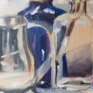 May include: A still life painting of three glass bottles. The bottles are various shapes and sizes. The bottles are painted in shades of blue, brown, and white.