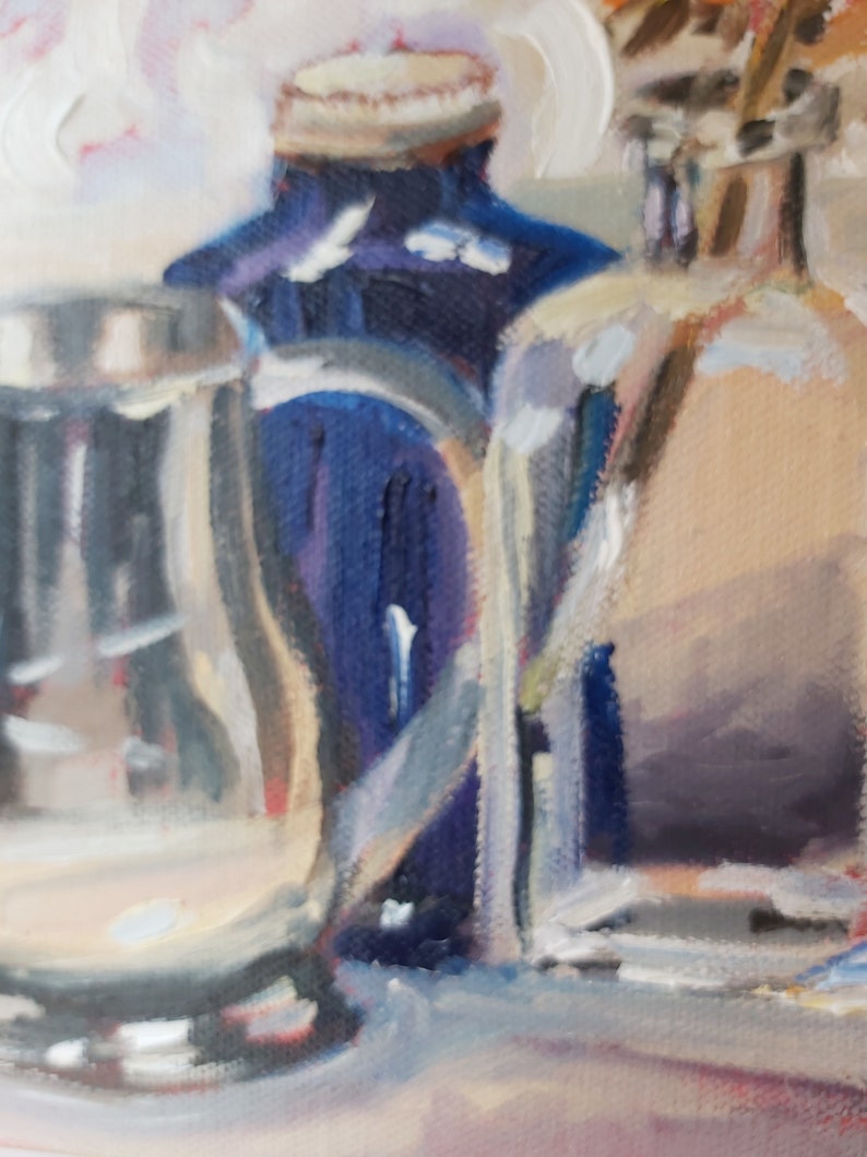May include: A still life painting of three glass bottles. The bottles are various shapes and sizes. The bottles are painted in shades of blue, brown, and white.