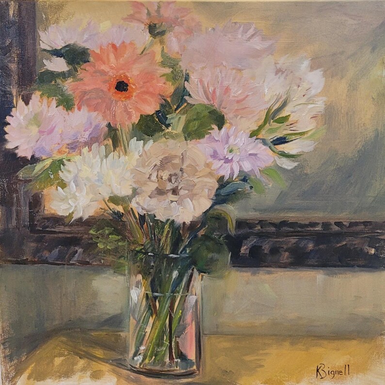 Original Oil Painting on deep canvas. "Blush in Bloom" Peachy and Pink Dalhias" image 1
