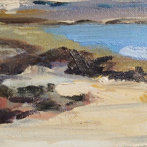 May include: Abstract painting with a blue, green, and brown color scheme. The painting features a textured surface and brushstrokes.