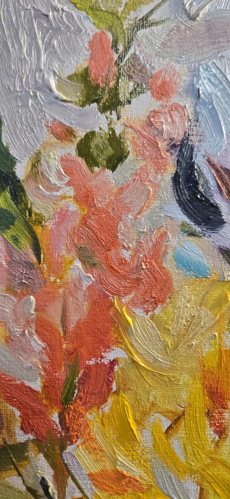 May include: Close-up of an abstract oil painting featuring a vibrant floral arrangement. The artwork showcases textured brushstrokes in shades of orange, yellow, pink, green, and white, creating a dynamic and colorful composition. The painting evokes a sense of warmth and natural beauty.