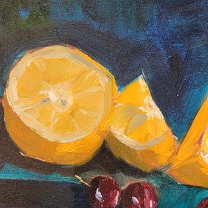 May include: A still life painting of lemons and cherries on a blue background. The lemons are cut in half and the cherries are red. The artist's signature, "Bignell", is in the bottom right corner.