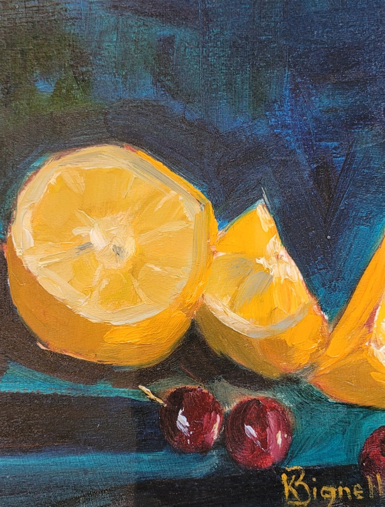 May include: A still life painting of lemons and cherries on a blue background. The lemons are cut in half and the cherries are red. The artist's signature, "Bignell", is in the bottom right corner.